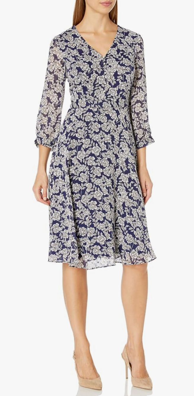 Karl Lagerfeld navy blue floral pearl button sheer chiffon dress Sz 10 Romantic
